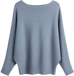 GXIN Damen Pullover Schulternfrei Fledermaus-Ärmel Lose Passform Lässiger Pullover Warmer Oversize-Strickpullover Top (Blau Grau) von GXIN