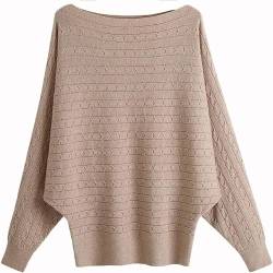 GXIN Damen Pullover Schulternfrei Fledermaus-Ärmel Lose Passform Lässiger Pullover Warmer Oversize-Strickpullover Top (Jacquard-Camel) von GXIN