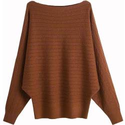 GXIN Damen Pullover Schulternfrei Fledermaus-Ärmel Lose Passform Lässiger Pullover Warmer Oversize-Strickpullover Top (Jacquard-Karamell) von GXIN