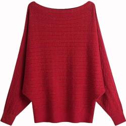 GXIN Damen Pullover Schulternfrei Fledermaus-Ärmel Lose Passform Lässiger Pullover Warmer Oversize-Strickpullover Top (Jacquard-Rot) von GXIN