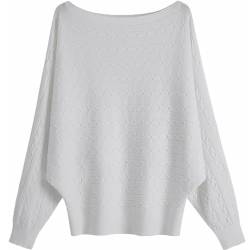 GXIN Damen Pullover Schulternfrei Fledermaus-Ärmel Lose Passform Lässiger Pullover Warmer Oversize-Strickpullover Top (Jacquard-Weiß) von GXIN