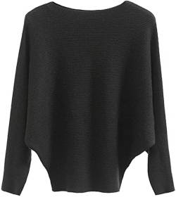 GXIN Damen Pullover Schulternfrei Fledermaus-Ärmel Lose Passform Lässiger Pullover Warmer Oversize-Strickpullover Top (Schwarz) von GXIN