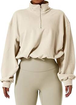 GXIN Frauen Workout Top Hälfte Reißverschluss Crop Sweatshirt High Neck Langarm Pullover Outdoor Sport Cropped Tops (as3, Alpha, m, Regular, Regular, Standard, Aprikose) von GXIN