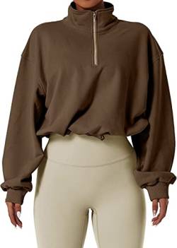 GXIN Frauen Workout Top Hälfte Reißverschluss Crop Sweatshirt High Neck Langarm Pullover Outdoor Sport Cropped Tops (as3, Alpha, m, Regular, Regular, Standard, Kamel-Braun) von GXIN