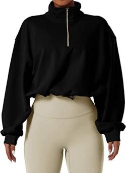 GXIN Frauen Workout Top Hälfte Reißverschluss Crop Sweatshirt High Neck Langarm Pullover Outdoor Sport Cropped Tops (as3, Alpha, m, Regular, Regular, Standard, Schwarz) von GXIN