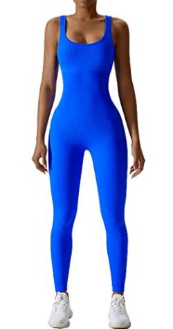 GXIN Frauen Workout Yoga gerippt ein Stück Bodysuit Tank Tops Rompers ärmellose Übung Jumpsuits (Standard, M, Blau) von GXIN