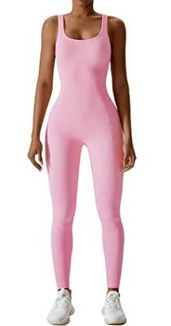 GXIN Frauen Workout Yoga gerippt ein Stück Bodysuit Tank Tops Rompers ärmellose Übung Jumpsuits (Standard, M, Rosa) von GXIN