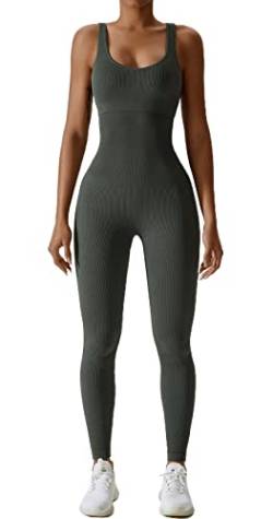 GXIN Frauen Workout Yoga gerippt ein Stück Bodysuit Tank Tops Rompers ärmellose Übung Jumpsuits (Standard, S, Olivgrün) von GXIN