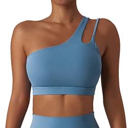 GXIN Frauen eine Schulter Yoga-BH Ausschnitt Riemen sportlich Sport Laufen Workout Top (as3, Alpha, m, Regular, Regular, Standard, Links-Grau-Blau, M) von GXIN