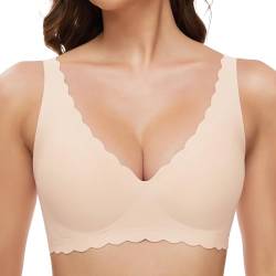 GXOULRRA Komfort Tief V BH Damen ohne bügel Buttrig Glatter Bustier Damen BH ohne Bügel mit zusätzlicher BH-Verlängerung Beige L von GXOULRRA