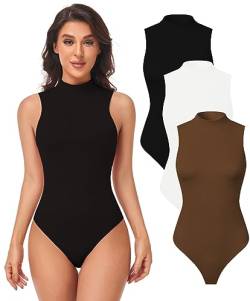 GXXGE Damen Mock Rollkragen Ärmellose Tank Tops/Kurzarm Bodysuit Leotard Kleidung, Schwarz-weißer Kaffee., M von GXXGE