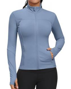 GYM RAINBOW Trainingsjacken für Damen, durchgehender Reißverschluss, schmale Passform, leichte Sportjacke mit Taschen, 1-staubiges Blau, X-Large von GYM RAINBOW