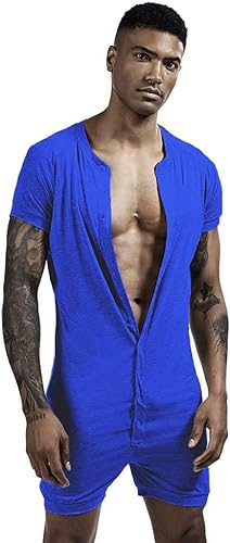 GYMAPE Herren Kurzarm Stranpler Pyjama Henley Overall Stretchy Baumwolle Ramper mit Knöpfen Blau M von GYMAPE