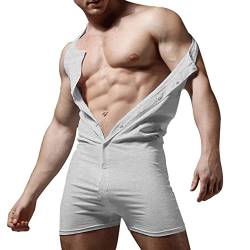 Herren Ärmelloser Strampler Henley Jumpsuit-Pyjama Dehnbar Baumwolle EIN Stück Kleidungsstück Grau M von GYMAPE
