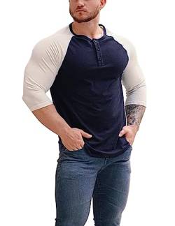 Herren Konisch zulaufend Henley Hemden mit Raglan 3/4 Ärmel Dunkelblau-Weiß M von GYMAPE