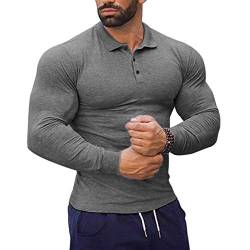 Herren Poloshirt Langarm Sport Golf T-Shirt Muskel Passform Farbe Dunkelgrau M von GYMAPE