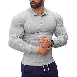 Herren Poloshirt Langarm Sport Golf T-Shirt Muskel Passform Farbe Grau L von GYMAPE
