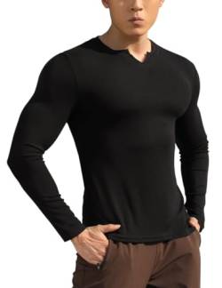 Herren Reine Baumwolle Schlanke Passform Freizeit V-Ausschnitt Basic T-Shirt Schwarz L von GYMAPE