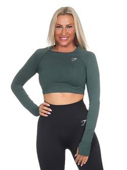 GYMSHARK Damen Vital Seamless 2.0 Long Sleeve Crop Top Farbe: Dunkelgrün Meliert; Größe: S von GYMSHARK