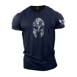 GYMTIER Spartan Helmet Hex Camo – Spartan Gym T-Shirt für Herren Bodybuilding Gewichtheben Strongman Training Top Active Wear Spartan Forged, navy, XL von GYMTIER