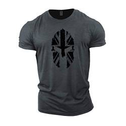 Gymtier Bodybuilding-T-Shirt für Herren, Spartaner / britische Flagge, Trainingsoberteil für das Fitnessstudio, grau, L von GYMTIER