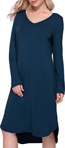 GYS Bambus-Nachthemden für Damen, langärmelig, Schlafhemden, V-Ausschnitt, Nachtwäsche, lässige Loungewear, Nachtkleid, Blau (Ink Blue), Large von GYS