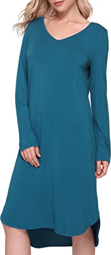 GYS Bambus-Nachthemden für Damen, langärmelig, Schlafhemden, V-Ausschnitt, Nachtwäsche, lässige Loungewear, Nachtkleid, Blaugrün, Blau, X-Large von GYS