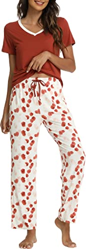 GYS Bambus-Pyjama-Set für Damen, superweich, 2-teilig, Nachtwäsche, kurzärmeliges Oberteil und Hose mit Taschen, Pyjama-Lounge-Sets, Ziegelrot, L von GYS