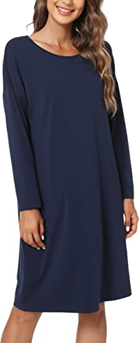 GYS Damen Langarm Nachthemd Bambus Baumwolle Nachthemd Nachtwäsche Weich Stretch Schlafkleid mit Taschen, Marineblau, Large von GYS