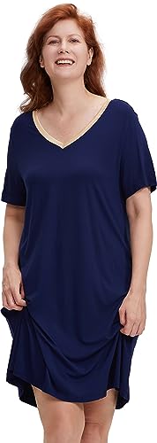 GYS Damen short sleeve nacht v-ausschnitt, bambus nightgown groß navy blau von GYS