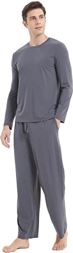 GYS Herren-Pyjama-Set, weiche Bambus-Viskose, langärmelig, Nachtwäsche und lange Hose, 2-teiliges Pyjama-Set mit Taschen, A-charcoal grau, Large von GYS