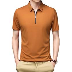 GYSAFJ Herren-Poloshirt, einfarbig, kurzärmelig, Eisseide, Revers, Reißverschluss, Golf, Polo-Shirt, gelb, 3XL von GYSAFJ