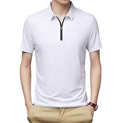 GYSAFJ Herren-Poloshirt, einfarbig, kurzärmelig, Eisseide, Revers, Reißverschluss, Golf, Polo-Shirt, weiß, 3XL von GYSAFJ