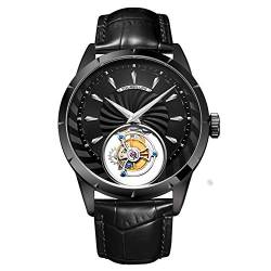 Aesop Echtes Tourbillon Skelett Handaufzug Mechanische Armbanduhr Herren Saphirkristall Manuelle Business Kleid Uhr Mann Leuchtendes Lederband, Schwarz , 42mm von GZFCMY