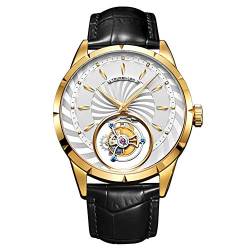 Aesop Echtes Tourbillon Skelett Handaufzug Mechanische Armbanduhr Herren Saphirkristall Manuelle Business Kleid Uhr Mann Leuchtendes Lederband, gold weiß schwarz, 42mm von GZFCMY