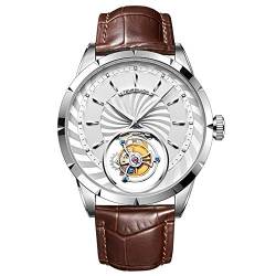 Aesop Echtes Tourbillon Skelett Handaufzug Mechanische Armbanduhr Herren Saphirkristall Manuelle Business Kleid Uhr Mann Leuchtendes Lederband, silberfarben / weiß, 42mm von GZFCMY