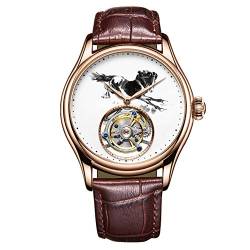 Aesop Mechanische Armbanduhr mit echtem Tourbillon-Skelett-Handaufzieher, Saphir-Kristall, manuelle Business-Uhr, Herren, leuchtendes Lederband, Tintenpferd-Zifferblatt, rose gold, 42mm von GZFCMY