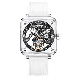 GZFCMY Aesop Echte fliegende Tourbillon Skelett Mechanische Hand Wind Armbanduhr Herren Saphirglas Diamant Business Kleid Hohl Zifferblatt Uhr Mann Super Leuchtend Transparent Gehäuse Gummiband, von GZFCMY