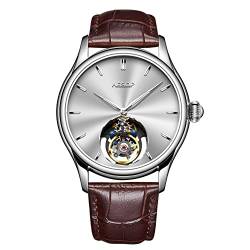 GZFCMY Aesop Off-Achse Tourbillon Skelett Handaufzug Mechanische Armbanduhr Herren Saphir Kristall Manuelle Business Kleid Uhr Mann Leuchtend Edelstahl Leder, Silber Weiß Braun, 107,95 cm, Riemen von GZFCMY