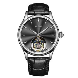 GZFCMY Aesop Off-Achse Tourbillon Skelett Handaufzug Mechanische Armbanduhr Herren Saphir Kristall Manuelle Business Kleid Uhr Mann Leuchtend Edelstahl Leder, Silberfarbenes Leder, 107,95 cm, Riemen von GZFCMY