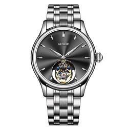 GZFCMY Aesop Off-Achse Tourbillon Skelett Handaufzug Mechanische Armbanduhr Herren Saphir Kristall Manuelle Business Kleid Uhr Mann Leuchtend Edelstahl Leder, silber, schwarz, 107,95 cm, Armband von GZFCMY