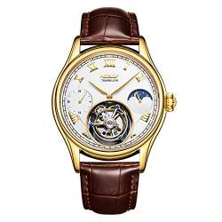 GZFCMY Aesop Real Tourbillon Skelett Handaufzug Mechanische Armbanduhr Herren Saphir Kristall Manuelle Kleid Uhr Mann Leuchtend Leder Mondphase Multifunktion, Gold Weiß Braun, 107,95 cm, Riemen von GZFCMY