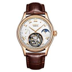 GZFCMY Aesop Real Tourbillon Skelett Handaufzug Mechanische Armbanduhr Herren Saphir Kristall Manuelle Kleid Uhr Mann Leuchtend Leder Mondphase Multifunktion, Roségold Weiß Braun, 107,95 cm, Riemen von GZFCMY