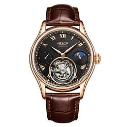 GZFCMY Aesop Real Tourbillon Skelett Handaufzug Mechanische Armbanduhr Herren Saphir Kristall Manuelle Kleid Uhr Mann Leuchtend Leder Mondphase Multifunktion, Rotgold, Schwarz, Braun, 107,95 cm, von GZFCMY