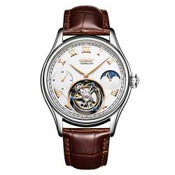 GZFCMY Aesop Real Tourbillon Skelett Handaufzug Mechanische Armbanduhr Herren Saphir Kristall Manuelle Kleid Uhr Mann Leuchtend Leder Mondphase Multifunktion, Silber Weiß Braun, 107,95 cm, Riemen von GZFCMY