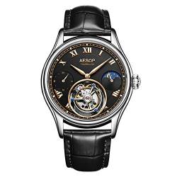 GZFCMY Aesop Real Tourbillon Skelett Handaufzug Mechanische Armbanduhr Herren Saphir Kristall Manuelle Kleid Uhr Mann Leuchtend Leder Mondphase Multifunktion, silber, schwarz, 107,95 cm, Riemen von GZFCMY