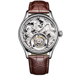 GZFCMY Aesop Skelett Tourbillon Handaufzug Mechanische Armbanduhr Herren Saphir Leuchtend Acht Laufende Pferde Uhr Leder sofort zum Erfolg Bright Future Uhr, Silberbraun, 42mm, Riemen von GZFCMY