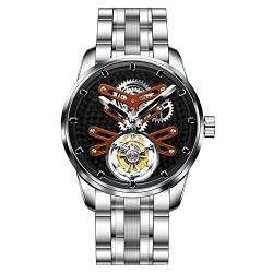 GZFCMY Aesop Stent Tourbillon Skelett Mechanische Handaufzug Armbanduhr Herren Saphir Kristall Manuell Special Hollow Business Kleid Uhr Männlich Leuchtend Edelstahl Leder, SilberOrange, 43 mm, von GZFCMY