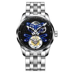 GZFCMY Aesop Stent Tourbillon Skelett Mechanische Handaufzug Armbanduhr Herren Saphir Kristall Manuell Special Hollow Business Kleid Uhr Männlich Leuchtend Edelstahl Leder Silber blau von GZFCMY