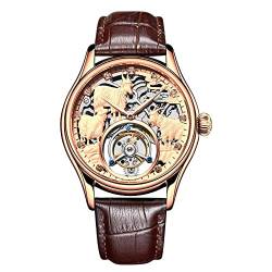 GZFCMY Aesop Tourbillon Mechanische Handaufzug Armbanduhr Herren Saphir Leuchtend Drei Schafe Skelett Diamant Zifferblatt Uhr Leder May You Life be Auspicious Uhr, Rosenbraun, 42mm, Riemen von GZFCMY